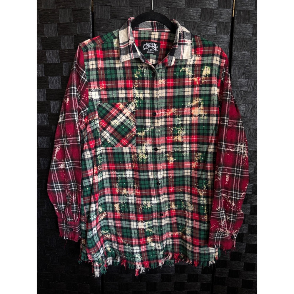 One 24 Rags Plaid Shirt Womens Medium Red Green Bleached Distressed Holiday
